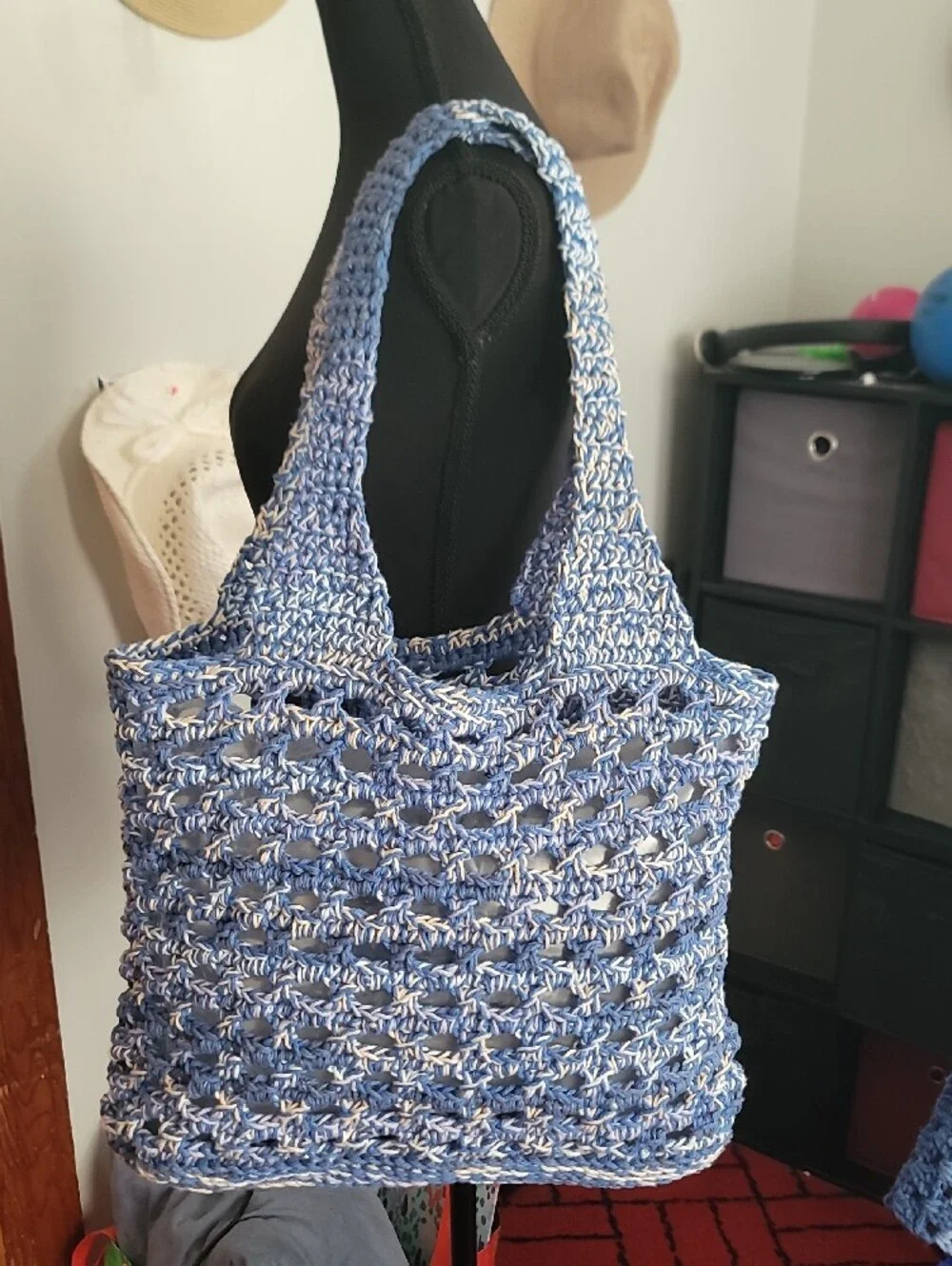 Hand Crocheted Blue Peek-a-Boo Market  Tote Bag
